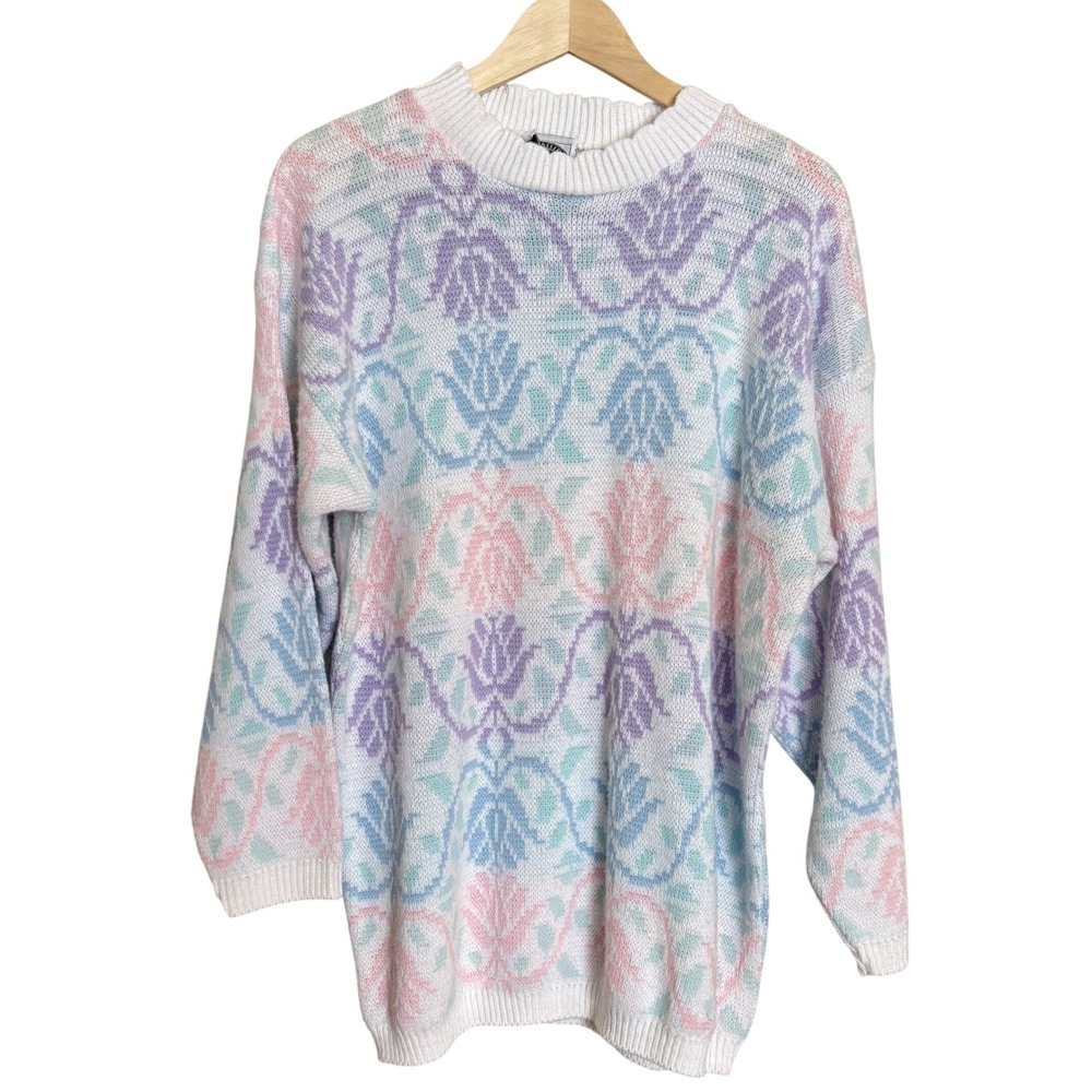 Vintage‎ Pastel Sweater Floral Knit 80s Grandma Core Oversized Size 18 Women's